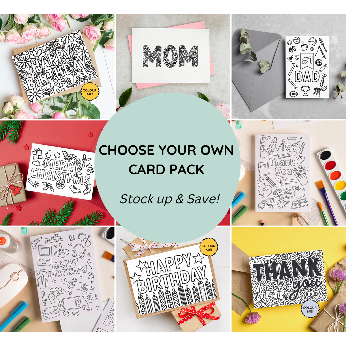 Colour Me Card Pack - 4 or 8 cards